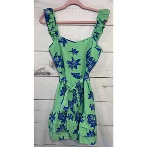 Likely Charlotte Mini Dress Size 6 Blue Green Floral Ruffle Tie Waist Flowy